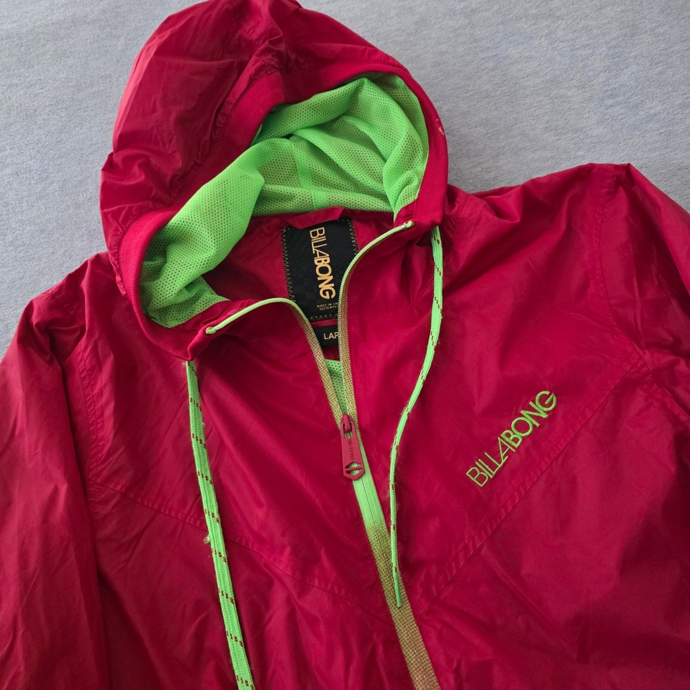 Billabong Mens Red Neon Green Hooded Windbreaker Jacket Size Large